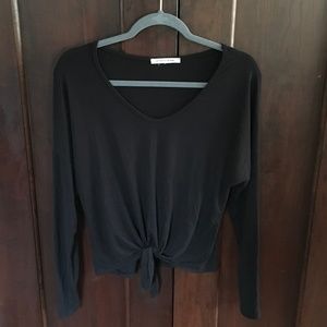 Black Long Sleeve Tie Front Top